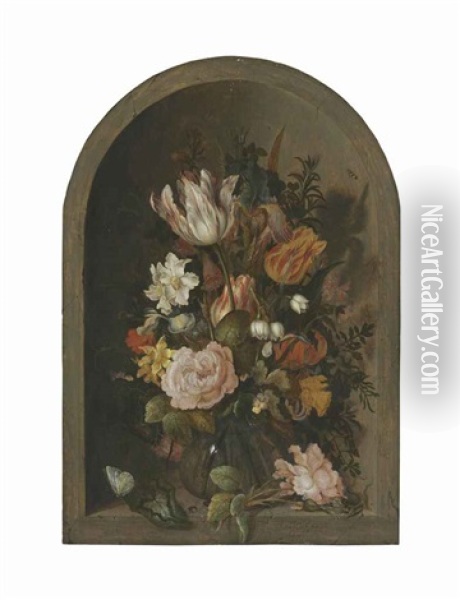 Roses, Tulips, And Other Flowers In A Glass Vase With Insects And A Lizard In A Stone Niche Oil Painting - Anthony Claesz the Younger