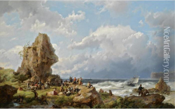 Many Shipwrecked Figures On A Rocky Coast Oil Painting - Hermanus Koekkoek