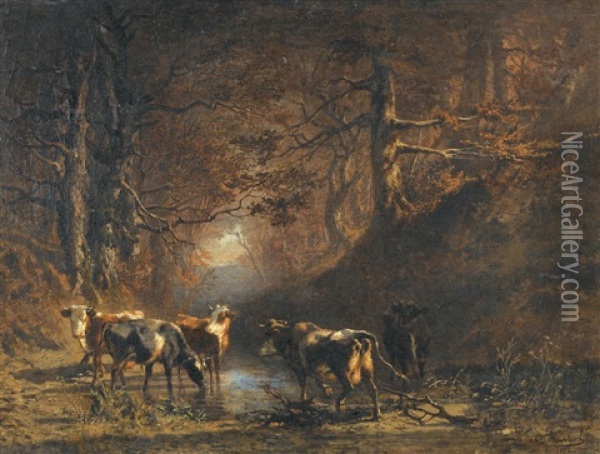 Waldlichtung Mit Kuhen An Einer Wasserstelle Oil Painting - Charles (Jean-Ch. Ferdinand) Humbert