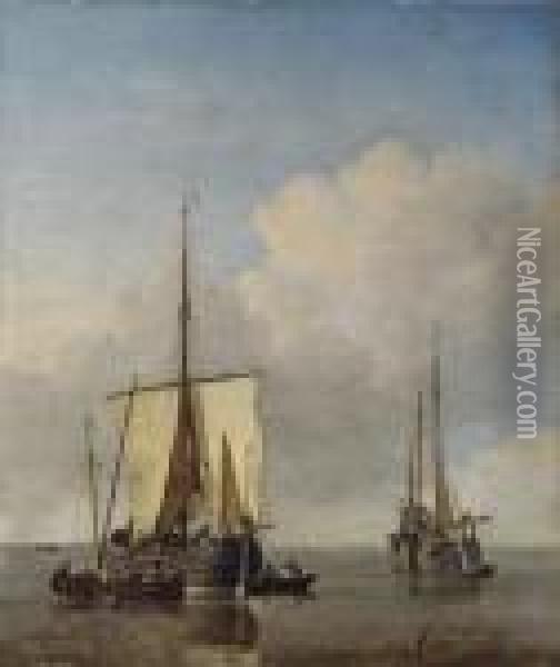 A 
Hoeker
 And A Fishing 
Buss Oil Painting - Willem van de, the Elder Velde