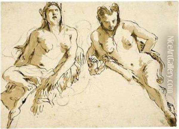 Design For A Lunette: Two Female Satyrs Oil Painting - Giovanni Battista Tiepolo