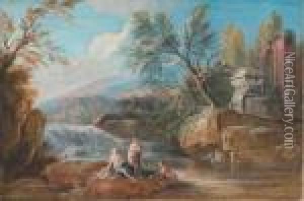 Un Paysage Avec Des Baigneuses 
Devant Une Cascade, Un Tombeau Et Des Ruines Antiques Sur La Droite Oil Painting - Jean-Baptiste Lallemand