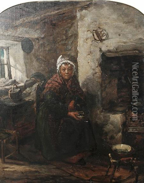 A Woman In A Kitchen Interior Oil Painting - Frederick Gerald Kinnaird