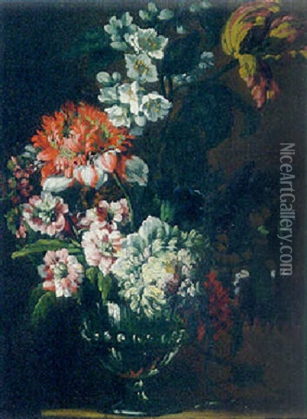 Carnations, Stocks, Dahlias And A Parrot Tulip In A Glass Vase Oil Painting - Jean-Baptiste Belin de Fontenay the Elder
