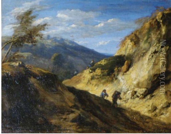 Travellers In A Mountainous Landscape Oil Painting - Jan Baptiste Huysmans