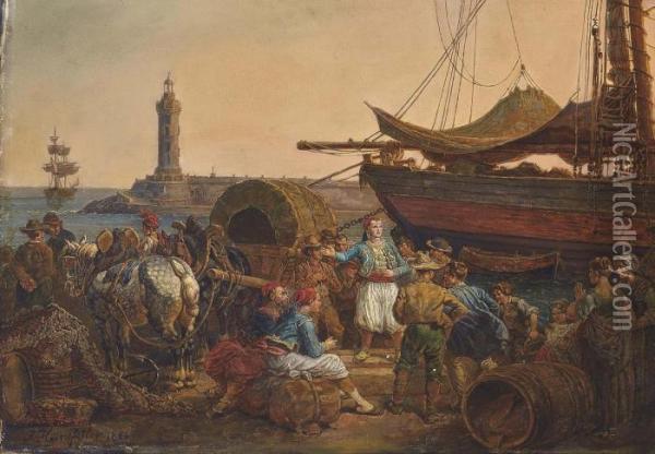 A Busy Mederranean Port Scene Oil Painting - Johann Baptist Heinefetter
