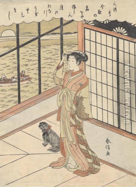 A Courtesan Looks Out Of A Window At A Passing Boat Oil Painting - Suzuki Harunobu