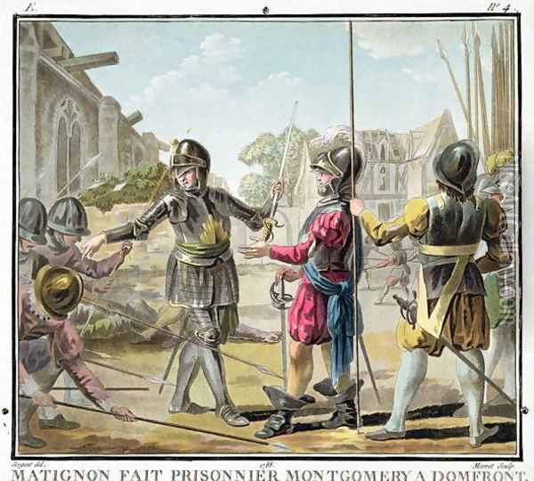 Jacques il Goyon, Lord of Matignon, Takes Montgomery a Domfront Prisoner, engraved by Jean Baptiste Morret fl. 1790-1820, 1788 Oil Painting - Antoine Louis Francois Sergent-Marceau