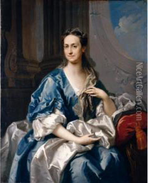 Portrait Of A Lady, 
Three-quarter Length, Wearing A Blue And White Velvet Dress And Seated 
In A Sumptuous Interior Oil Painting - Jacopo (Giacomo) Amigoni
