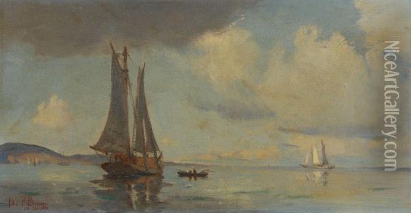 Sailboats And A Skiff On Still Waters Off A Hilly Coast With Cloudy Sky Oil Painting - John P. Benson