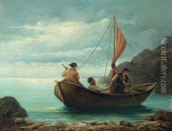 Three Fishermen In A Boat Oil Painting - Christian Andreas Schleisner
