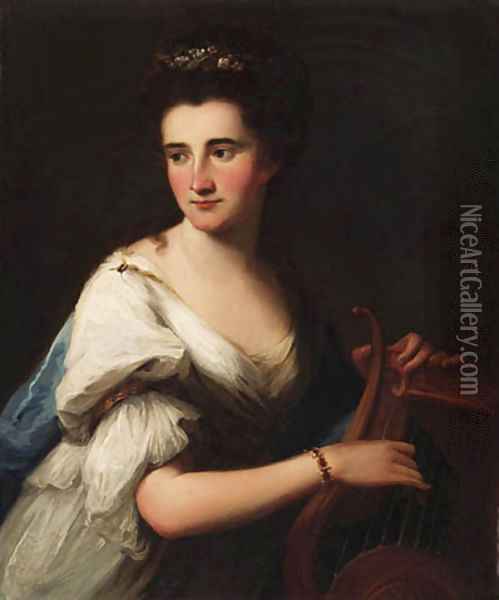 Portrait of Mrs. Cubley as Terpsichore, half-length, in a white dress and a blue wrap, playing a lyre Oil Painting - Angelica Kauffmann