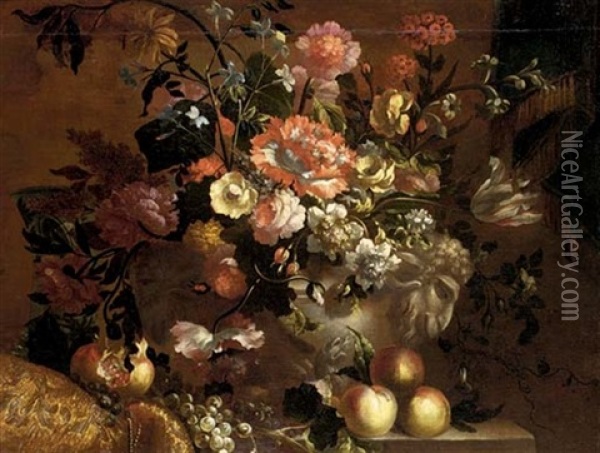 Carnations, Roses, A Tulip And Other Flowers In A Stone Sculpted Pot With Peaches On A Stone Ledge, By A Curtain Oil Painting - Jean-Baptiste Monnoyer