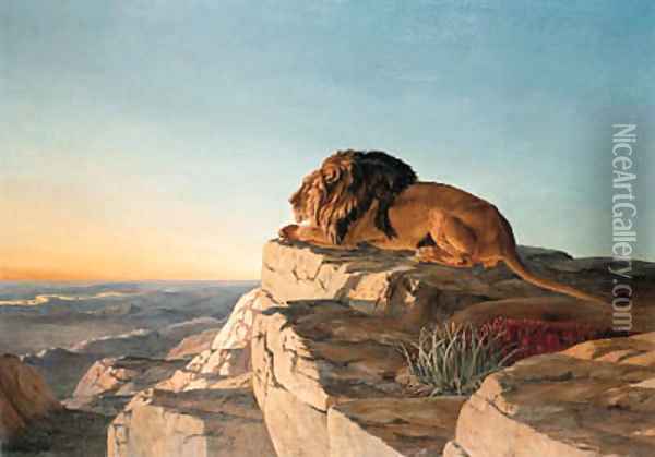 A Lion looking over a Valley from a Mountain Oil Painting - Urs Eggenschwiler