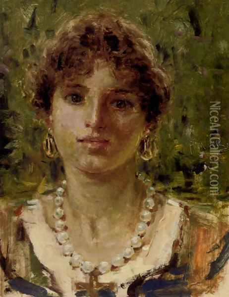 Portrait Of A Girl Wearing A Pearl Necklace Oil Painting - Francesco Paolo Michetti