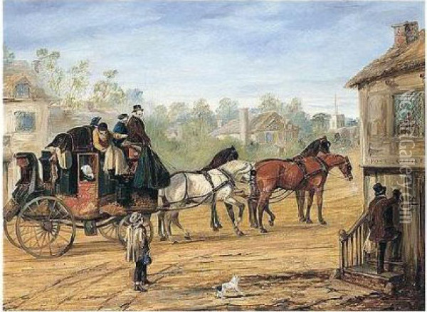 The Hull To London Royal Mail Stopping At A Country Post Office Oil Painting - Henry Thomas Alken