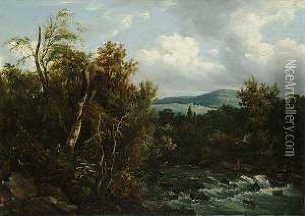 A Fisherman In A River Landscape Oil Painting - William Traies