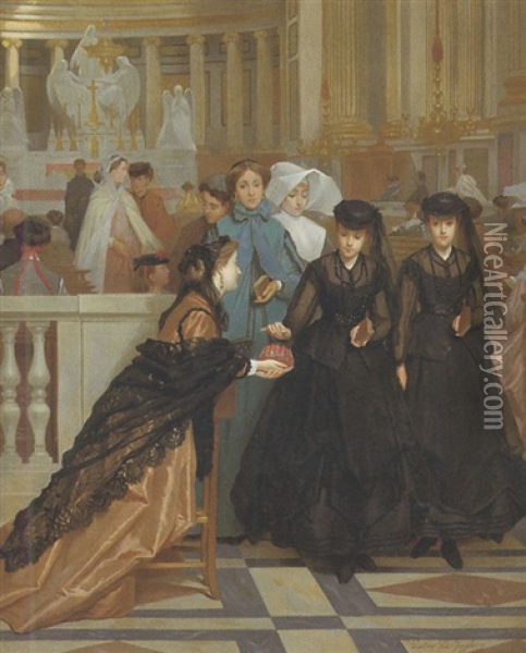 Elegantes A La Sortie De La Messe Oil Painting - Gustave Leonhard de Jonghe