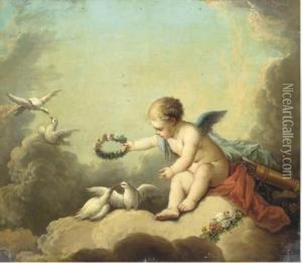Cupid Playing With Doves Among The Clouds Oil Painting - Charles Dom. Joseph Eisen