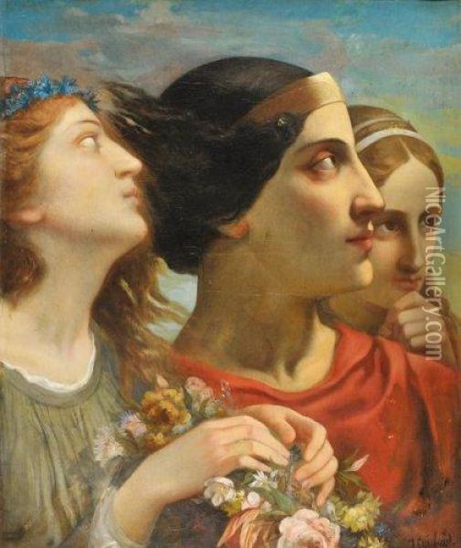 Projet De Fresque, Etude De Trois Tetes Feminines Oil Painting - Joseph Benoit Guichard