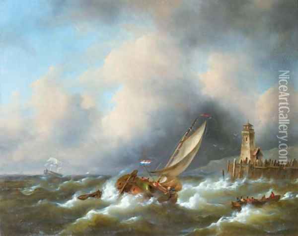 Sailing in a stiff breeze by a coast 2 Oil Painting - Govert Van Emmerik