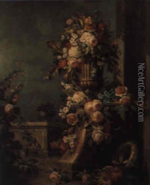 Groses Dekoratives Blumenstilleben In Einem Italienischen Palastgarten Oil Painting - Gasparo Lopez