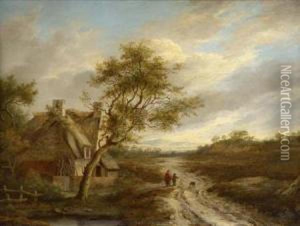 Figures On A Country Path By A Cottage Oil Painting - Charlotte Nasmyth