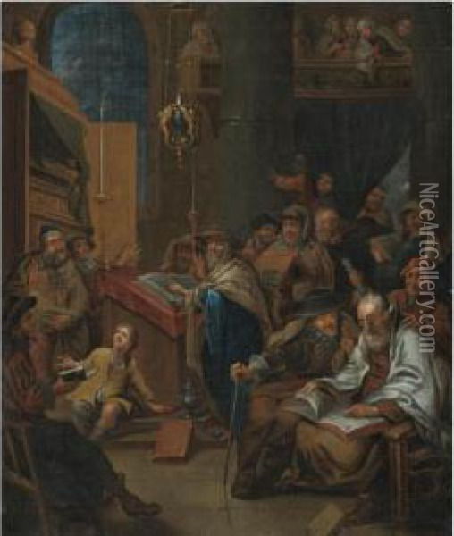 A Synagogue Interior With Scholars Reading Clerical Texts, Possibly An Allegory Oil Painting - Gerard Thomas