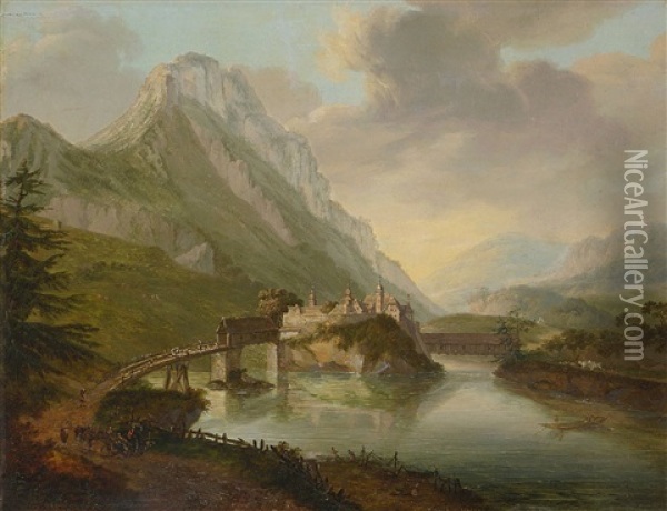 Gebirgslandschaft Mit Kleinem Stadtchen Auf Einer Felseninsel Oil Painting - Friedrich Rosenberg