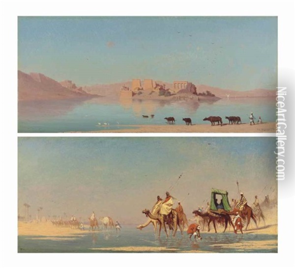 Caravane Traversant Un Fleuve (haute Egypte); And Vue De Ile De Philoe-nubia (cote Sud Ouest) (pair) Oil Painting - Charles Theodore (Frere Bey) Frere
