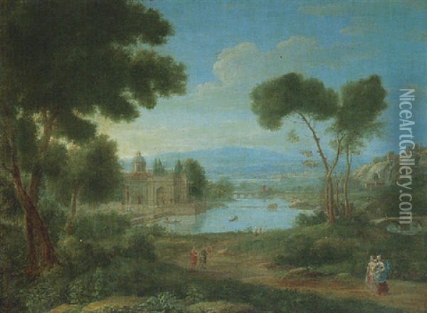 A Classical Landscape With A Palazzo In A River Valley Oil Painting - Hendrick Frans van Lint