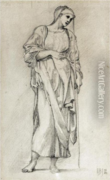 Study Of A Standing Female Figure Holding A Staff Oil Painting - Sir Edward Coley Burne-Jones
