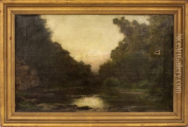Pond In The Woods, Sunset Oil Painting - George Hetzel
