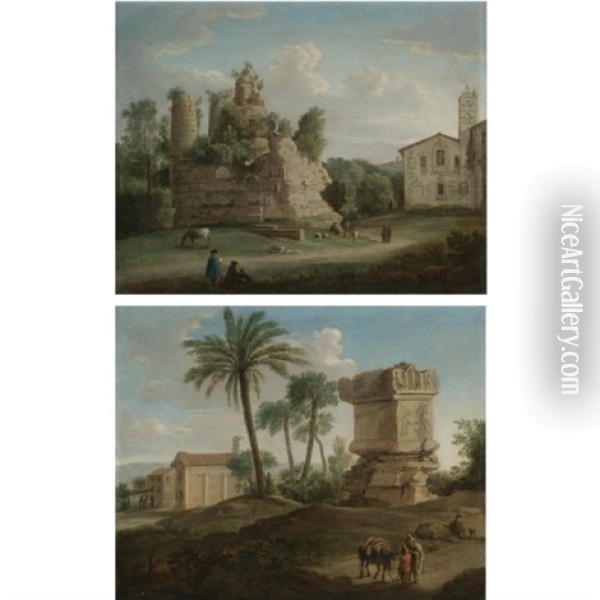 A View Of An Ancient Tomb - The So-called Tomb Of The Horatii And Curiatii Brothers - At Albano (+ A View Of The Tomb Of Vibius Marianus - The So-called Tomb Of Nero - On The Via Cassia, Rome; Pair) Oil Painting - Hendrick Frans van Lint