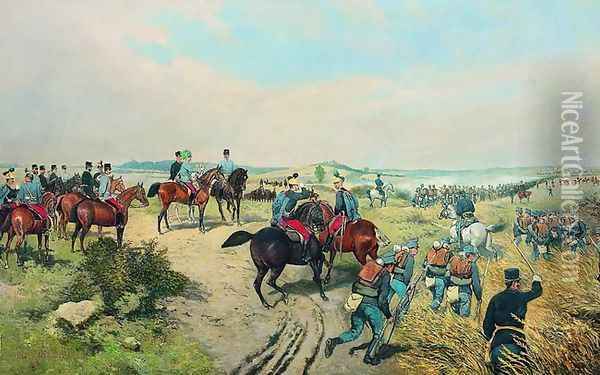 Emperor of Austria Franz Joseph I during army maneuvers Oil Painting - Thaddaus von Ajdukiewicz