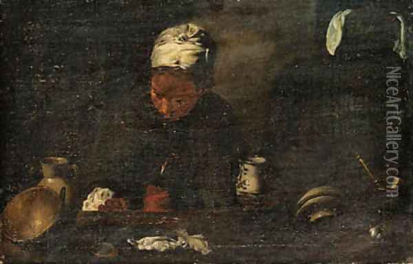 A girl holding a jug, behind a kitchen bench Oil Painting - Dutch School