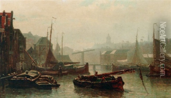 A View Of The Damrak, Amsterdam, With The Palace On Dam Square Beyond Oil Painting - Johan Conrad Greive
