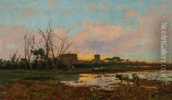 Castel Fusano And Marsh Scene Oil Painting - Pietro Barucci