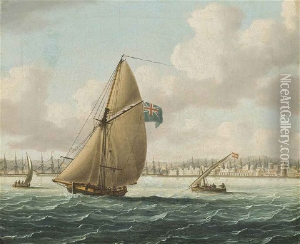 The Blockade Of Cadiz: The Spanish Fleet Lying In The Port Of Cadiz With A Royal Navy Cutter Patrolling The Harbour Oil Painting - Thomas Buttersworth
