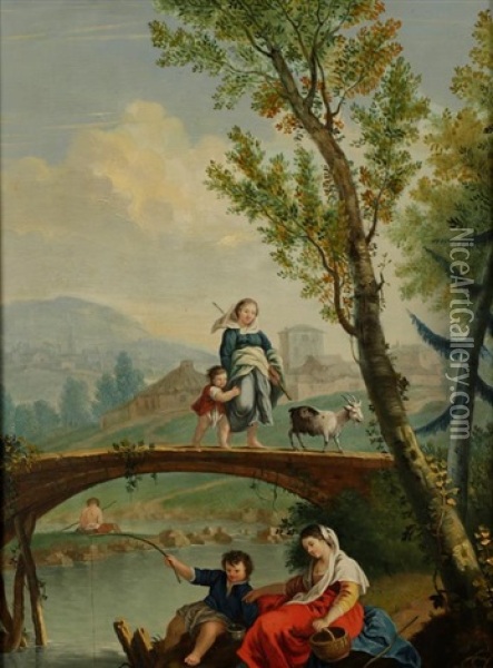 A Woman, Child And Goat Crossing A Bridge, With Figures Fishing Below Oil Painting - Francesco Zuccarelli