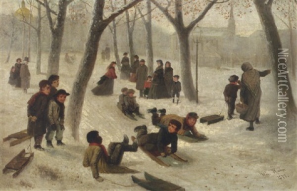 Snow Day / Sledding On The Boston Common Oil Painting - William Hahn