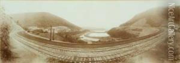 Horseshoe Curve, Pennsylvania Railroad. Oil Painting - William H. Rau