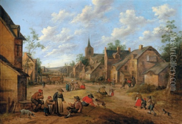 Eine Belebte Dorfstrasse Mit Einer Kirche Im Hintergrund Oil Painting - Joost Cornelisz. Droochsloot