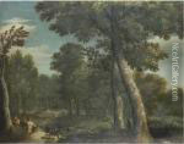A River Landscape With Satyrs Playing Their Pipes In The Foreground Oil Painting - Gaspard Dughet Poussin