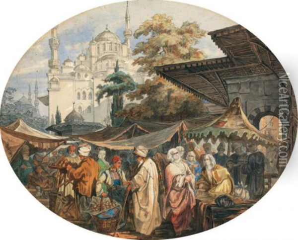 Scene De Marche A Constantinople Oil Painting - Amadeo Preziosi