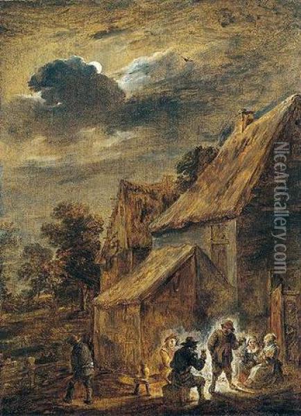 Peasants Outside An Inn By Moonlight Oil Painting - David The Younger Teniers
