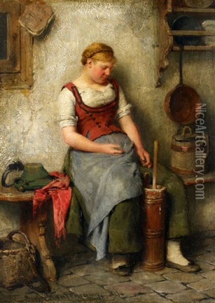 Girl By A Butter Churn Oil Painting - Hugo Wilhelm Kauffmann
