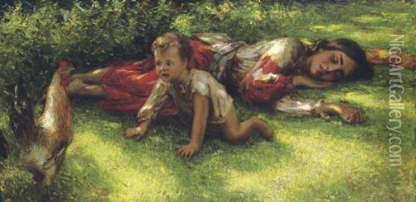 A Gypsy With A Cockerel And Baby Oil Painting - Nikolai Vasilievich Kharitonov