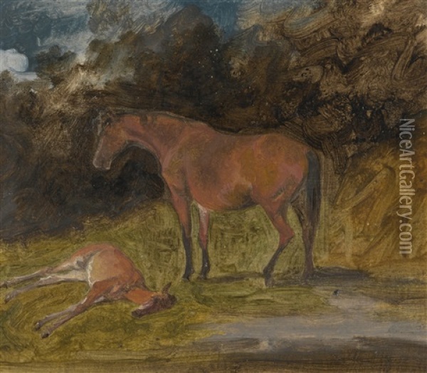 A Mare And Foal, Prince Of Wales's Stud Aston Clinton Oil Painting - George Garrard