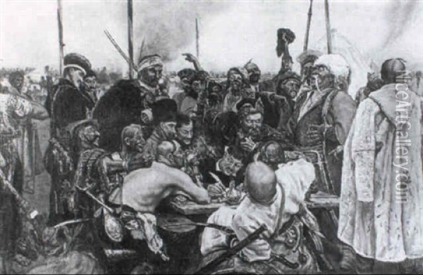 Die Saporoger Kosaken Beantworten Hohnend Ein Ultimatum Des Sultans Oil Painting - Ilya Repin